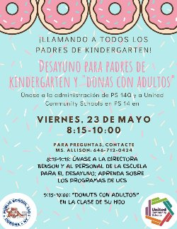 pink donuts with details about friday, may 23 event (\'donuts with grownups\') from 8:15-10